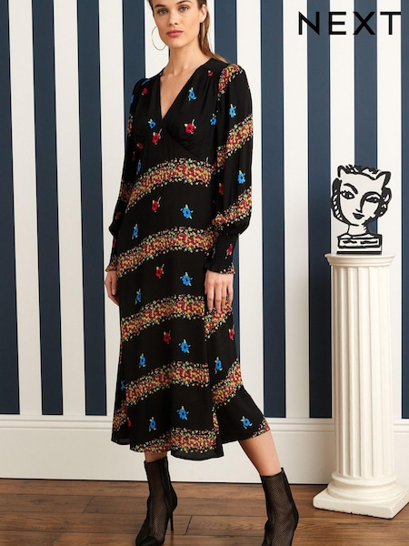 Črna cvetlična - Celia Birtwell Long Sleeve Midi Dress (C75447) | € 28