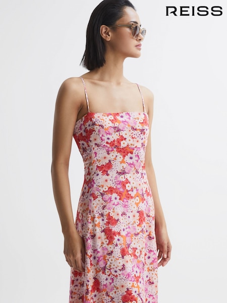 Reiss Pink Print Bonnie Petite Floral Print Fitted Midi Dress (C75875) | $303
