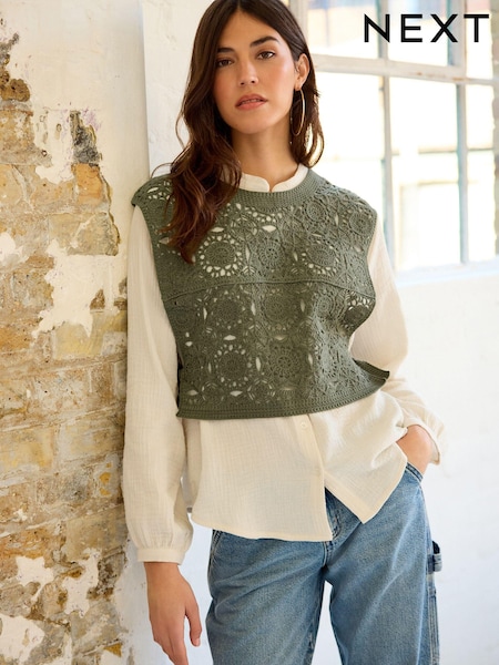 Khaki Green Crochet Woven Mix Tie Side Layer Top (C77440) | €27