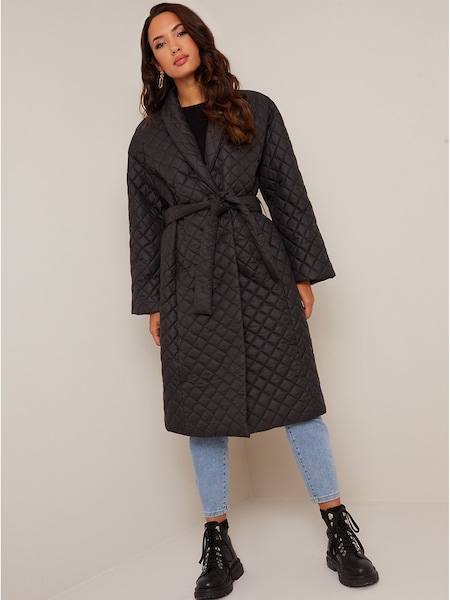 Chi Chi London Black Diamond Quilted Longline Belted Coat (C77630) | €73