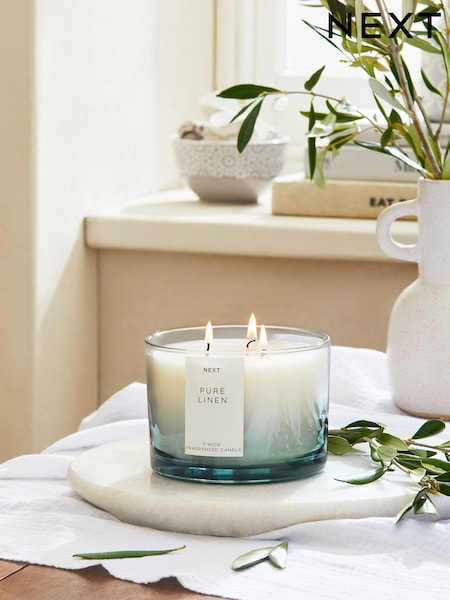 Blue Linen Lidded Jar 3 Wick Scented Candle (C78121) | €18