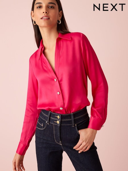 Ярко-розовый - Sparkle Button Satin Shirt (C78539) | €16