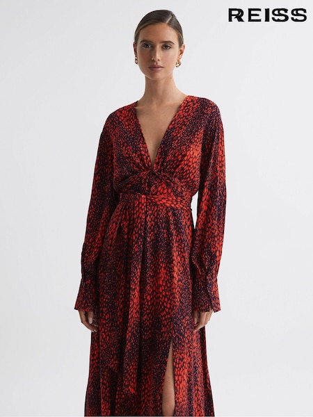 Reiss Red Maya Petite Animal Print Blouson Sleeve Midi Dress (C78741) | €84