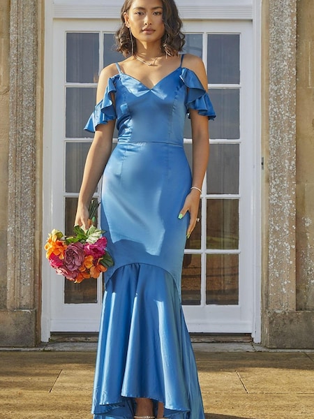 Chi Chi London Blue Satin Cami Strap Ruffle Detail Bodycon Dress (C79790) | €39