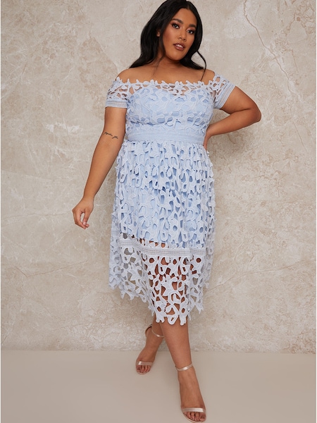 Chi Chi London Blue Plus Size Bardot Lace Midi Dress (C79821) | €66