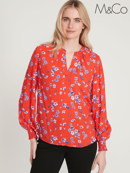 M&Co Red Floral V-Neck Top (C79866) | 12 €