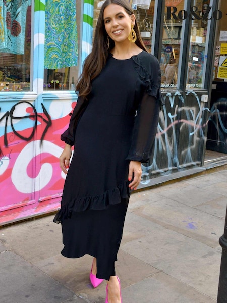 Ro&Zo Black Ruffle Sleeve Midi Dress (C80158) | €72