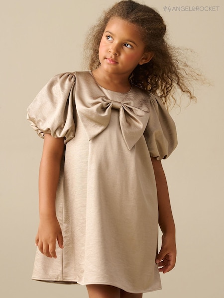 Natural - Angel & Rocket Nadia Satin Puff Sleeve Bow Collar Shift Dress