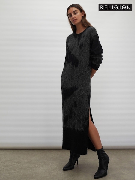 Religion Grey Cosy Heritage Knitted Midi Dress In Soft Fluffy Yarn (C80859) | €57