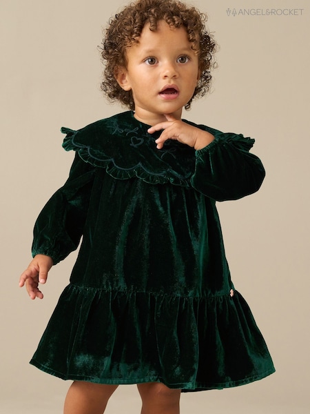 Grün - Angel & Rocket Dotty Samtkleid mit besticktem Rüschenkragen mit Bogenkante