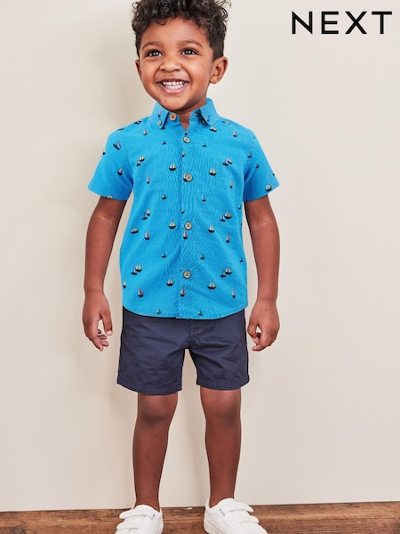 Blue Boat Print Short Sleeve Linen Cotton Shirt (3mths-7yrs) (C82049) | €6 - €7