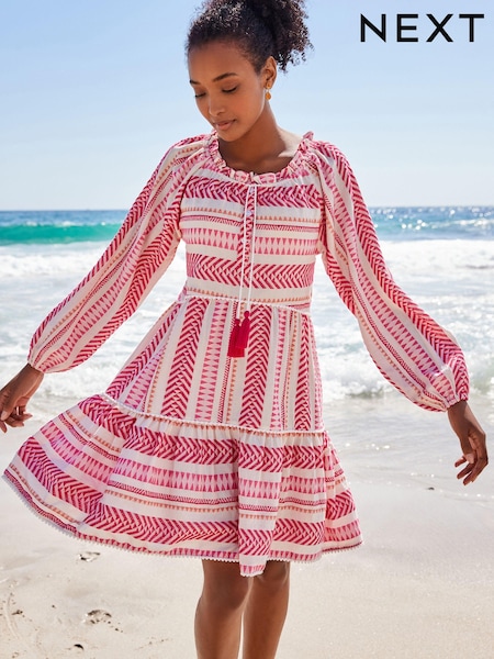 Bright Pink/White Jacquard Kaftan Mini Summer Dress (C82079) | €16