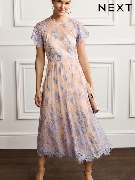 Light Blue/Peach Pink Floral Lace High Neck Short Sleeve Midi Dress (C82438) | €61