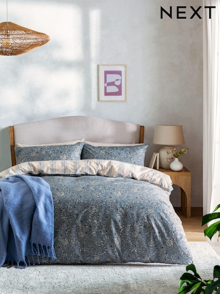 Blue 100% Cotton Reversible Stripe Paisley Duvet Cover and Pillowcase Set (C83053) | €10.50 - €17