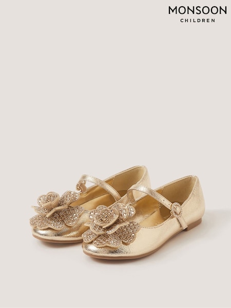 Gold - Monsoon Rhinestone Flower Mary Jane Ballet Flats
