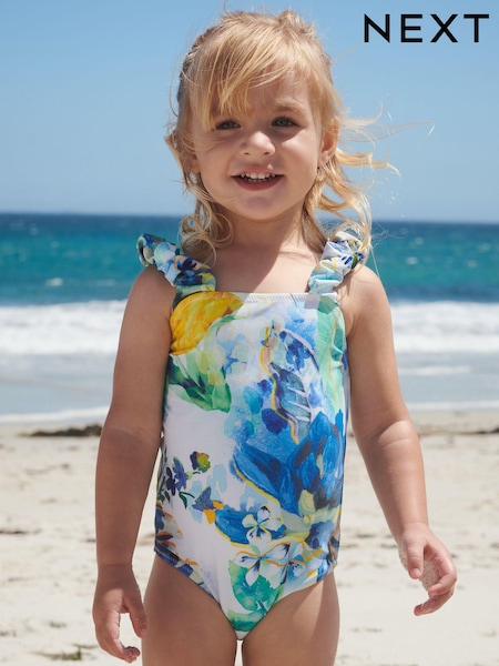 Blue/White Floral Ruched Sleeves Swimsuit (3mths-12yrs) (C83635) | €6.50 - €8.50