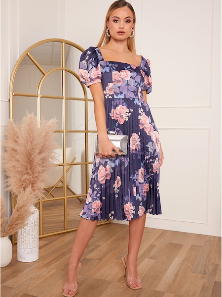Chi Chi London Purple Petite Floral Printed Pleated Skirt Midi Dress (C84550) | €60