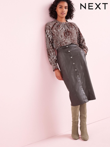 Dark Berry Red PU Faux Leather Button Down Midi Skirt (C84837) | €13
