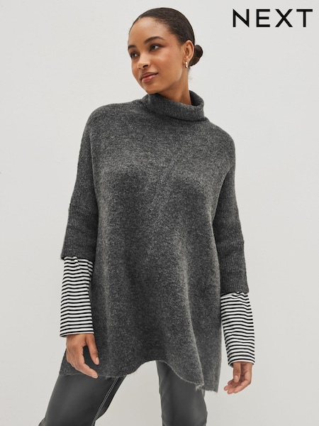 Charcoal Grey Knitted Poncho with Stripe Sleeve (C84944) | €49
