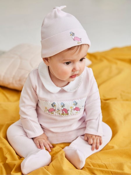 JoJo Maman Bébé Pink Jemima Puddle-Duck Smocked Sleepsuit & Hat Set (C85172) | 129 QAR