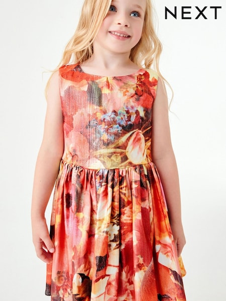 Red Floral Print Metallic Dress (3-16yrs) (C85863) | €26 - €30