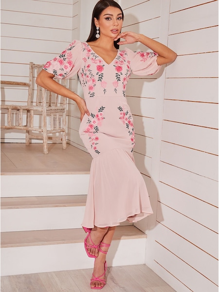 Chi Chi London Pink Floral Embroidered Midi Dress (C86444) | €83