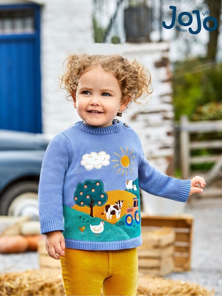 JoJo Maman Bébé Blue Tractor Appliqué Scene Jumper (C86450) | €42