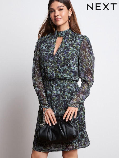 Зеленый с цветочным узором - Cut-Out Chiffon Mini Dress (C86507) | €23