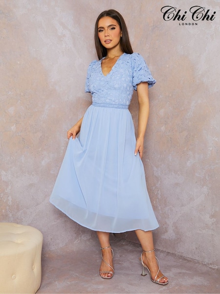 Chi Chi London Blue Puff Sleeve Premium Lace Midi Dress (C87360) | €51