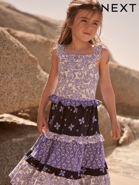 Navy Blue/White Woodblock Mixed Floral Print Broderie Tiered Jersey Midi Dress (3-16yrs) (C87404) | €6.50 - €7.50