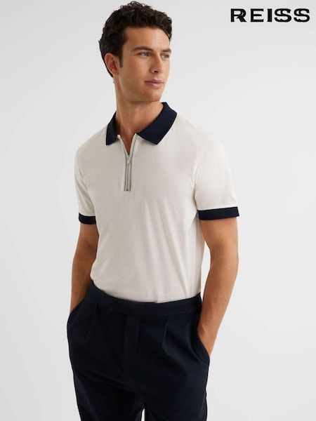 Reiss White/Navy North Mercerised Zip Neck Polo T-Shirt (C87473) | €19