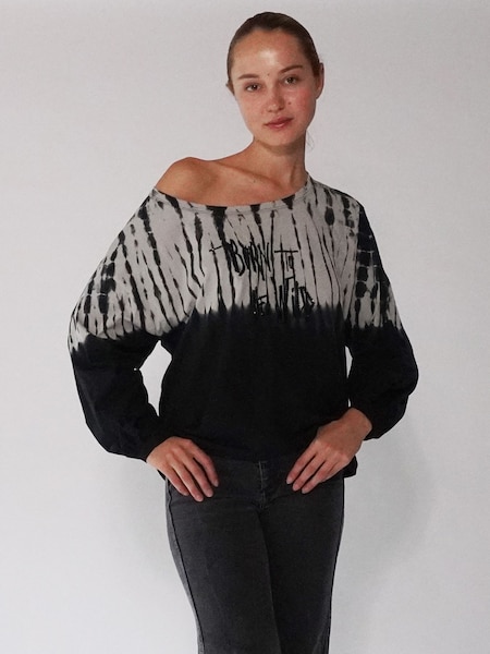 Religion Grey Batwing Off The Shoulder Tie Dye Top with Slogan (C87508) | €35