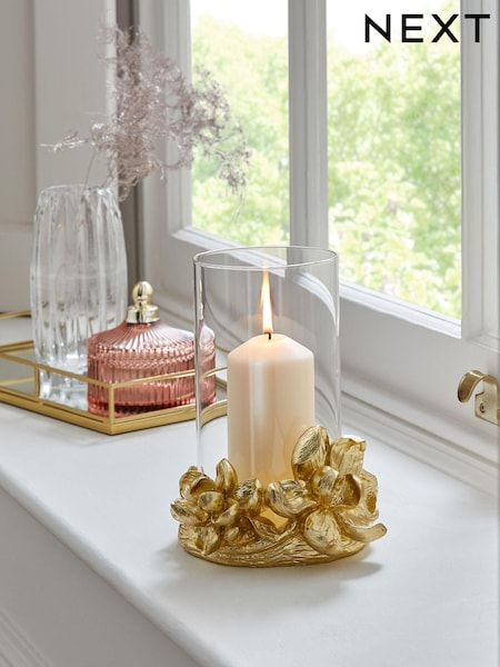 Gold Magnolia Flower Hurricane Candle Holder (C88202) | CA$74