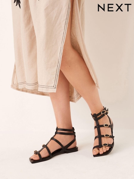 Schwarz - Signature Leather Flat Gladiator Sandals (C88234) | 17 €