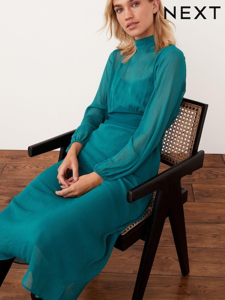 Teal Blue Long Sleeve High Neck Sheer Layer Midi Dress (C88583) | €26