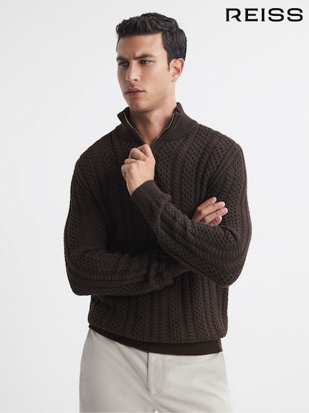 Schokoladenbraun - Reiss Bantham Pullover mit Trichterhals und halbem Reißverschluss mit Zopfmuster​​​​​​​ (C89035) | 196 €