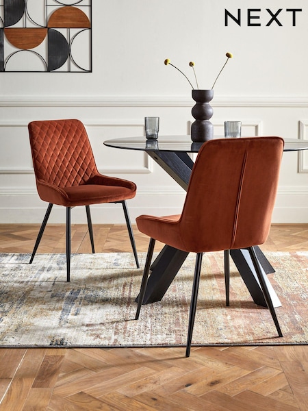 Set of 2 Soft Velvet Rust Brown Hamilton Black Leg Quilted Dining Chairs (C89340) | €320