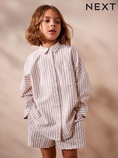 Beige Stripe 100% Cotton Shirt And Shorts Co-ord Set (3-16yrs) (C89698) | 50 QAR - 68 QAR