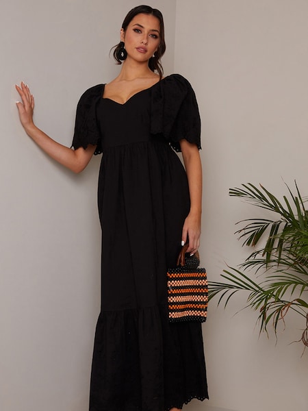 Negru - Rochie maxi Din poplin cu mânecă brodată Chi Chi London (C89792) | 229 LEI