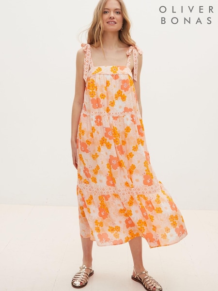 Oliver Bonas Orange Floral Print Midi Dress (C90217) | €51