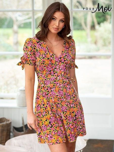 Sinappi Oranssi Kukallinen  - Pour Moi Bella Fuller Bust Slinky Stretch Tie Sleeve Mini Dress (C90262) | €71
