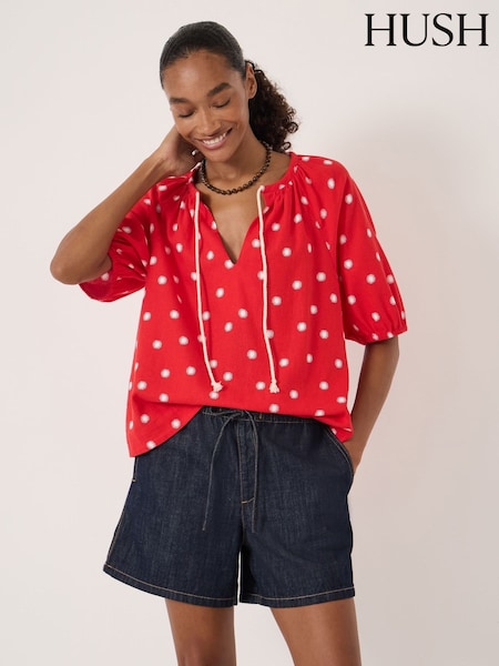 Red - Hush Alaria Printed Balloon Sleeve Blouse