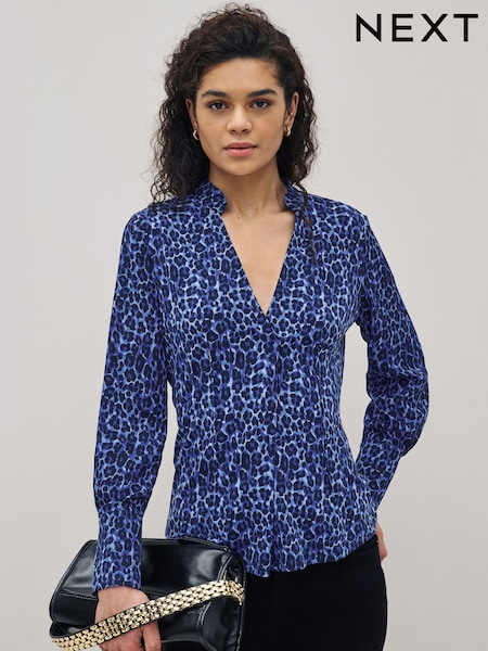 Léopard bleu - Chemisier col en V avec détail corset Manche longue (C91259) | € 14