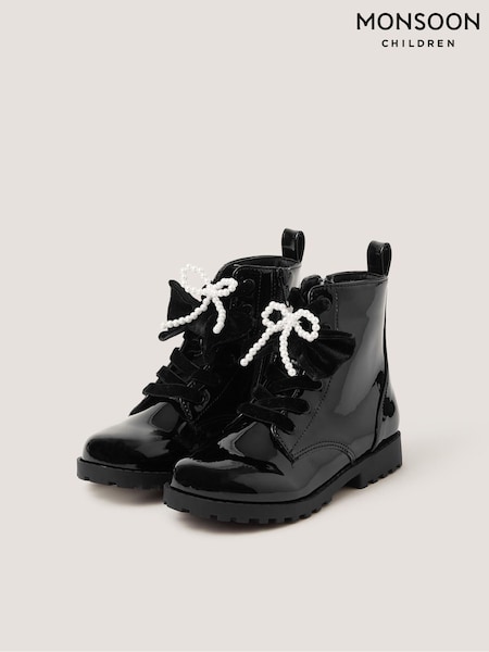 Black - Monsoon Bow Patent Lace-up Boots