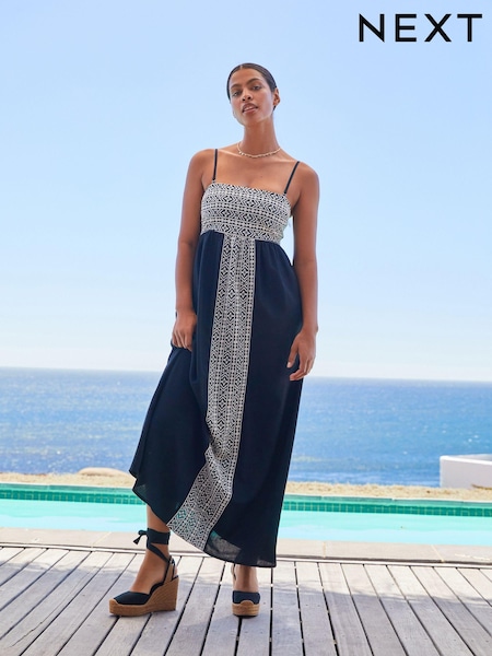 Black/Cream Embroidered Maxi Summer Dress With Linen (C91529) | €28
