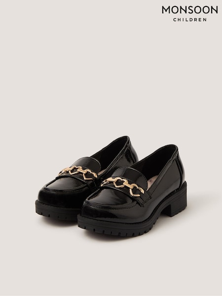 Black - Monsoon Heart Patent Loafer School Shoes