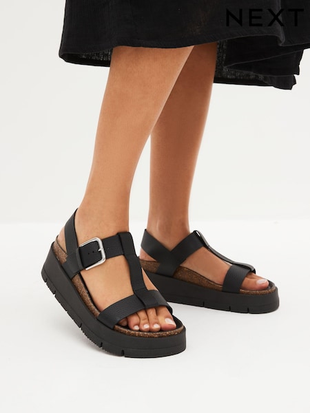 Black Forever Comfort® Leather T-Bar Flatform Sandals (C92903) | AED82