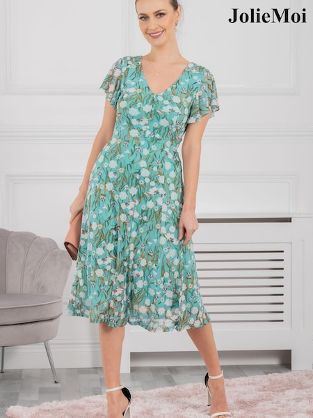 Jolie Moi Colette Green Fit And Flare Mesh Dress (C92913) | €42