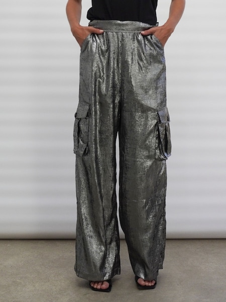 Religion Silver Foil Wide Leg Metallic Cargo Trousers With Pockets (C93618) | €43