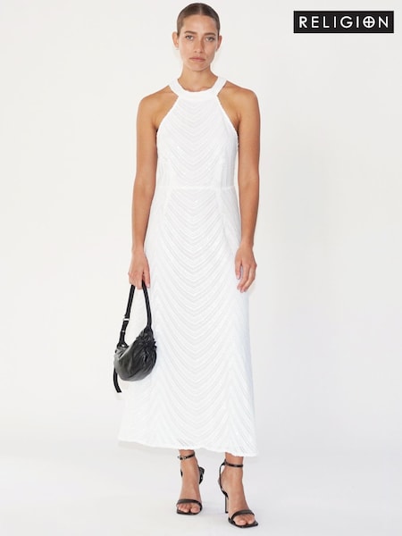 Белый - Religion Halterneck Beaded Sequin Midi Maxi Dress (C95468) | €71